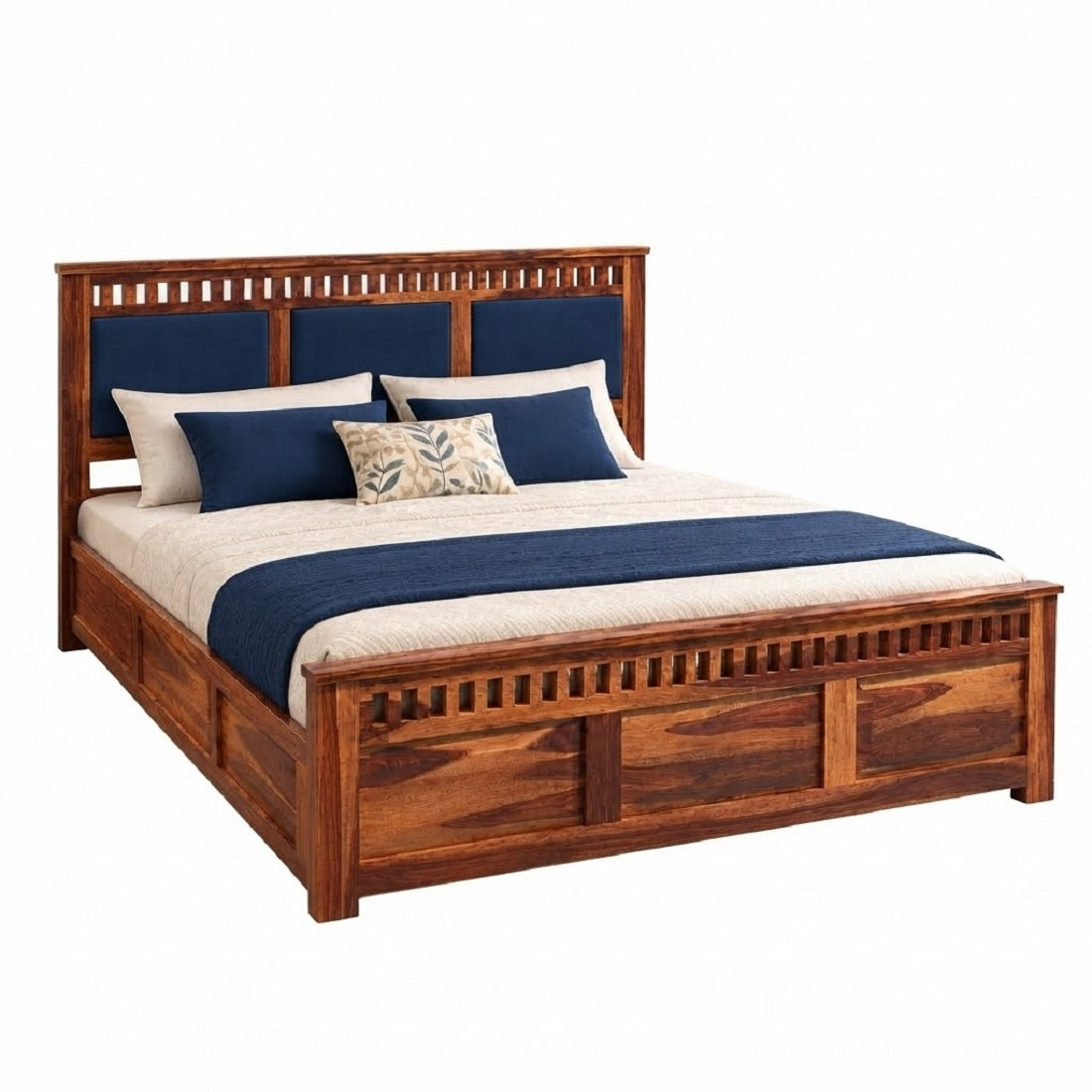 Homerange Solid Wood King Size Bed with Box Storage, Upholstered Paneled Headboard , Teak Finish , Fabric D152