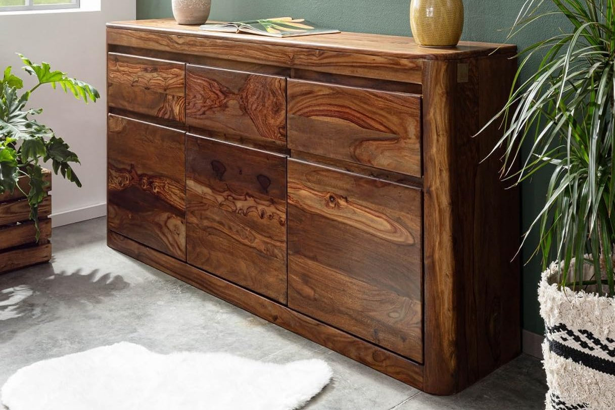 Segure Solid Wood Sheesham Wood 3 Door Sideboard In Natural Finish For Living Room Furniture