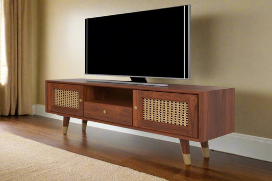 DEMIWALL Rattan Solid Wood Tv Unit with Cane Design in Brown Teak Finish