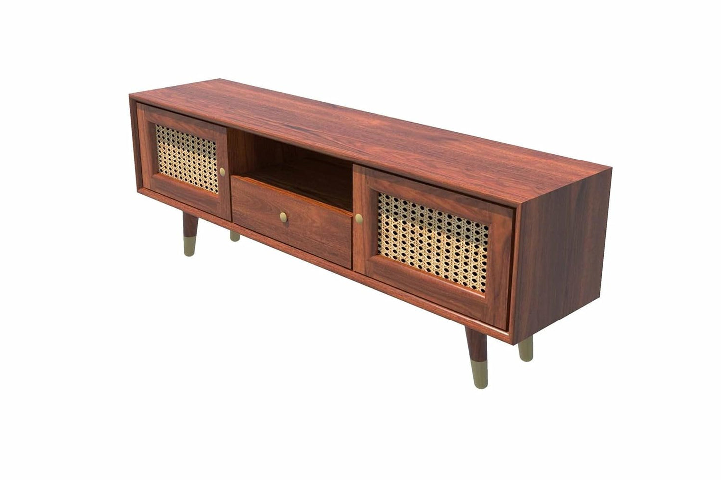 DEMIWALL Rattan Solid Wood Tv Unit with Cane Design in Brown Teak Finish