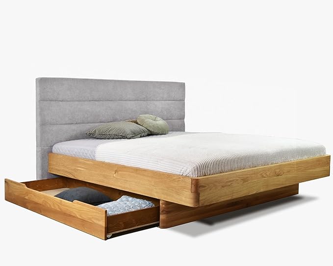 Demiwall Upholstered headboard King Size Bed with Drawer Storage (With Two Side Drawer) Neutral Finish Bed