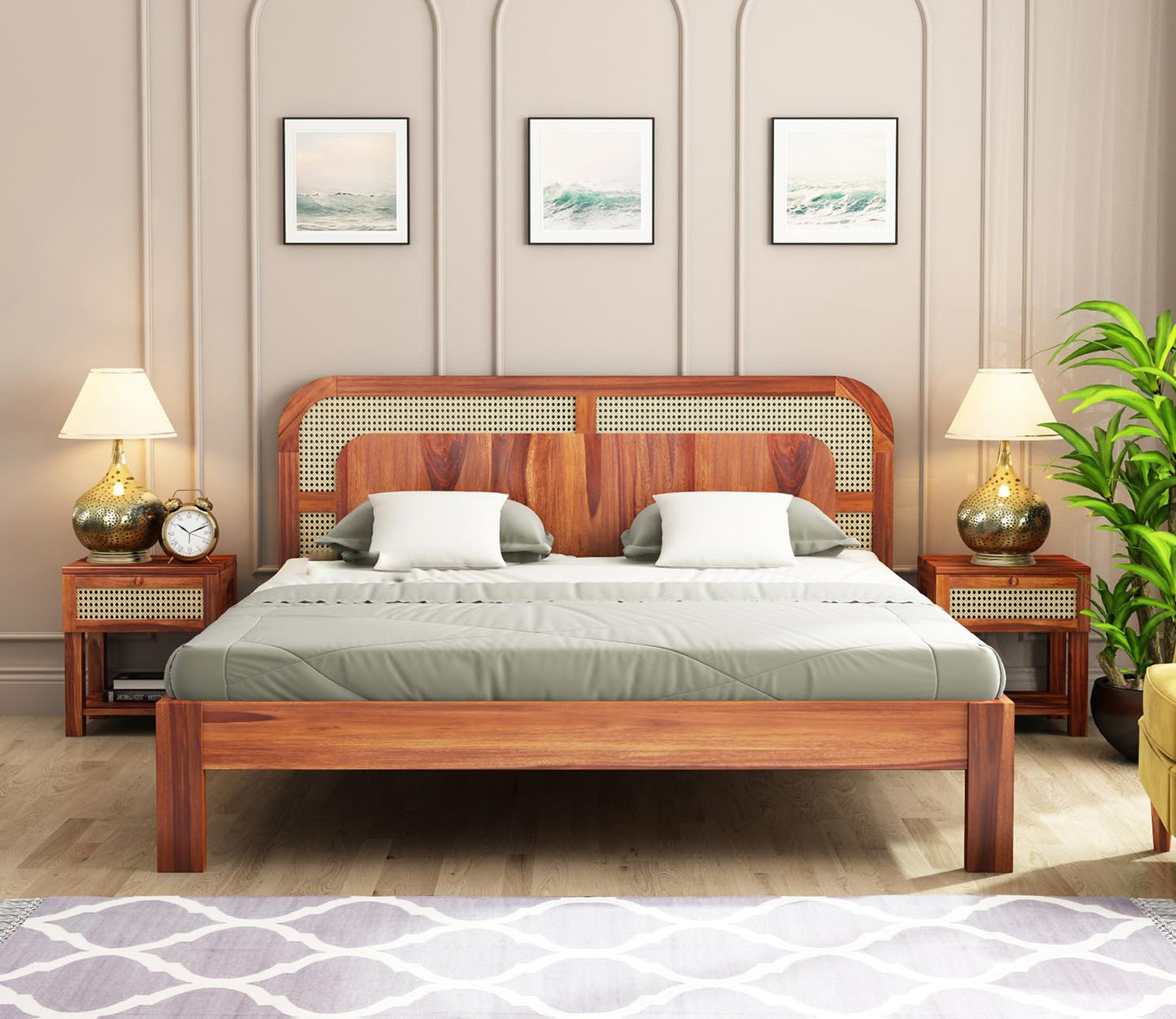 Sheesham Solid wood King Size Bed With Rattan Cane Design Headboard In Neutral Teak Finish