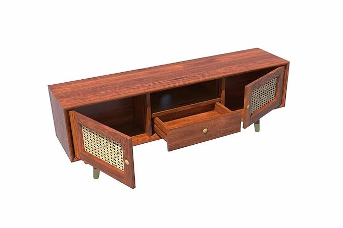 DEMIWALL Rattan Solid Wood Tv Unit with Cane Design in Brown Teak Finish