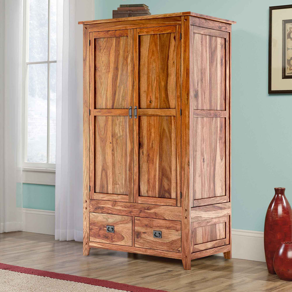 Royal Palace Wardrobe Solid Sheesham Wood Two Door & Two Drawers  In Natural Finish For Bedroom Furniture