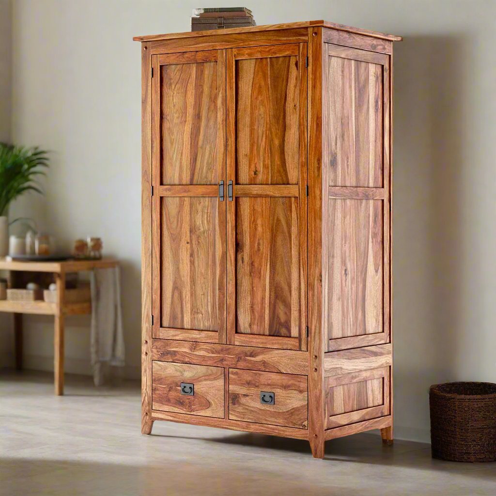 Royal Palace Wardrobe Solid Sheesham Wood Two Door & Two Drawers  In Natural FinishFinish For Bedroom Furniture