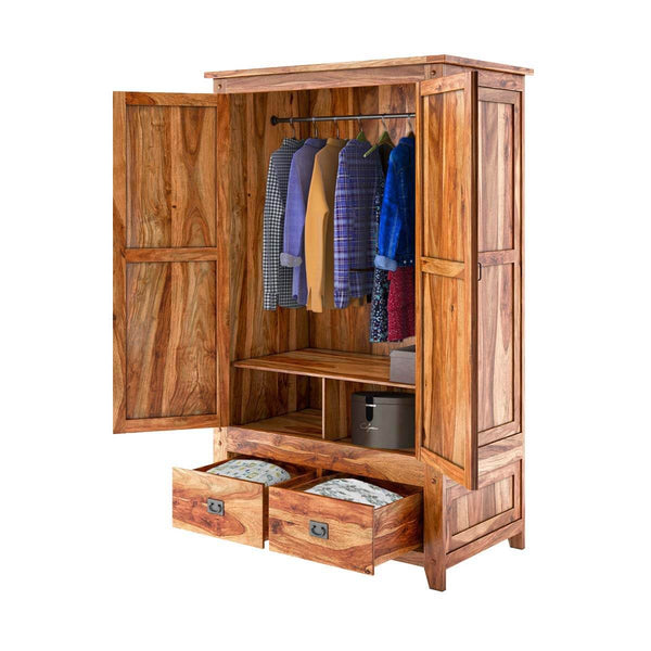 Royal Palace Wardrobe Solid Sheesham Wood Two Door & Two Drawers  In Natural Finish For Bedroom Furniture