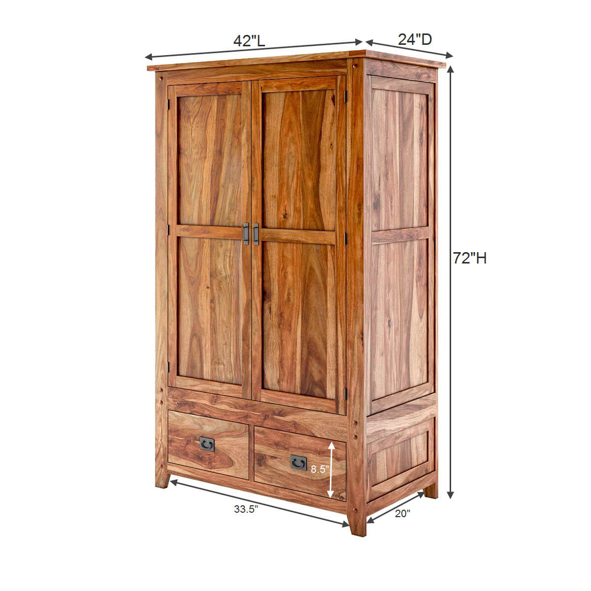 Royal Palace Wardrobe Solid Sheesham Wood Two Door & Two Drawers  In Natural Finish For Bedroom Furniture