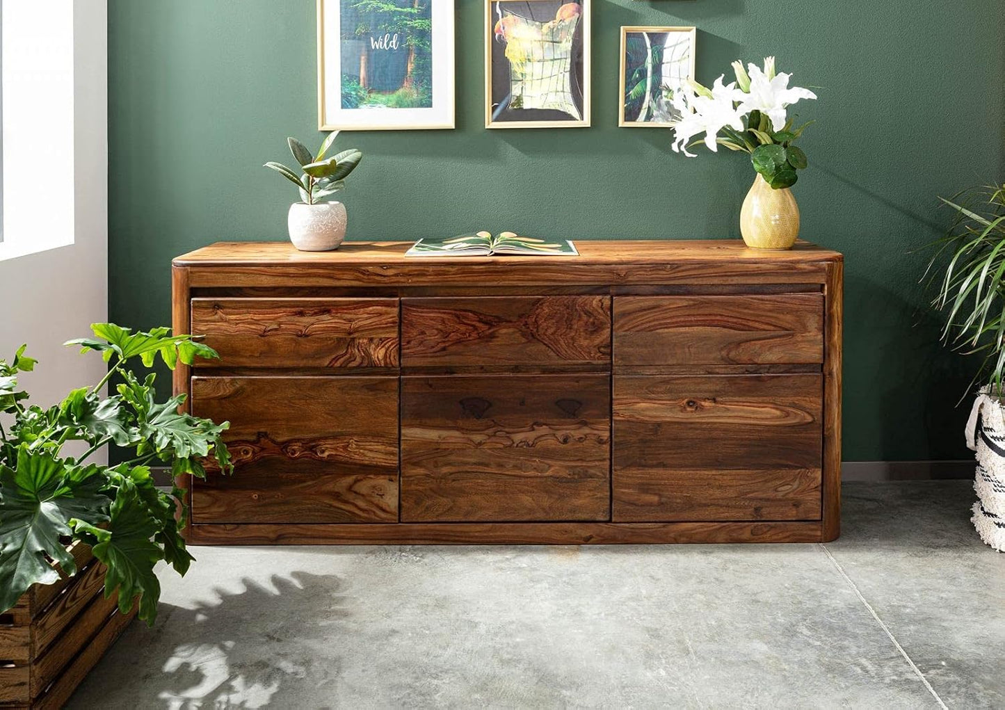 Segure Solid Wood Sheesham Wood 3 Door Sideboard In Natural Finish For Living Room Furniture