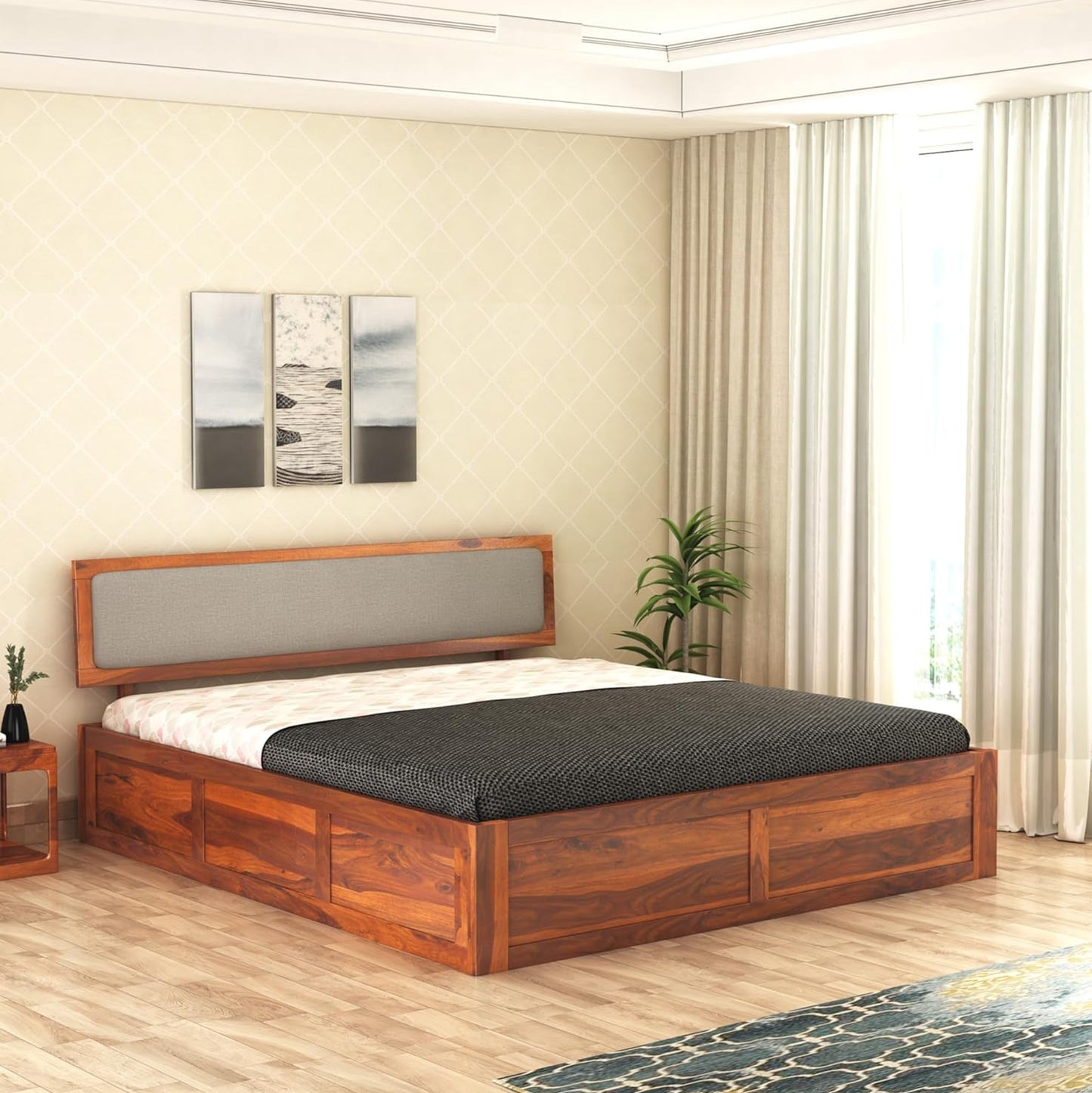 King Size Bed with Storage | Double Bed Cot Bed with Box Storage & Upholstered Cushioned Headboard for Bedroom