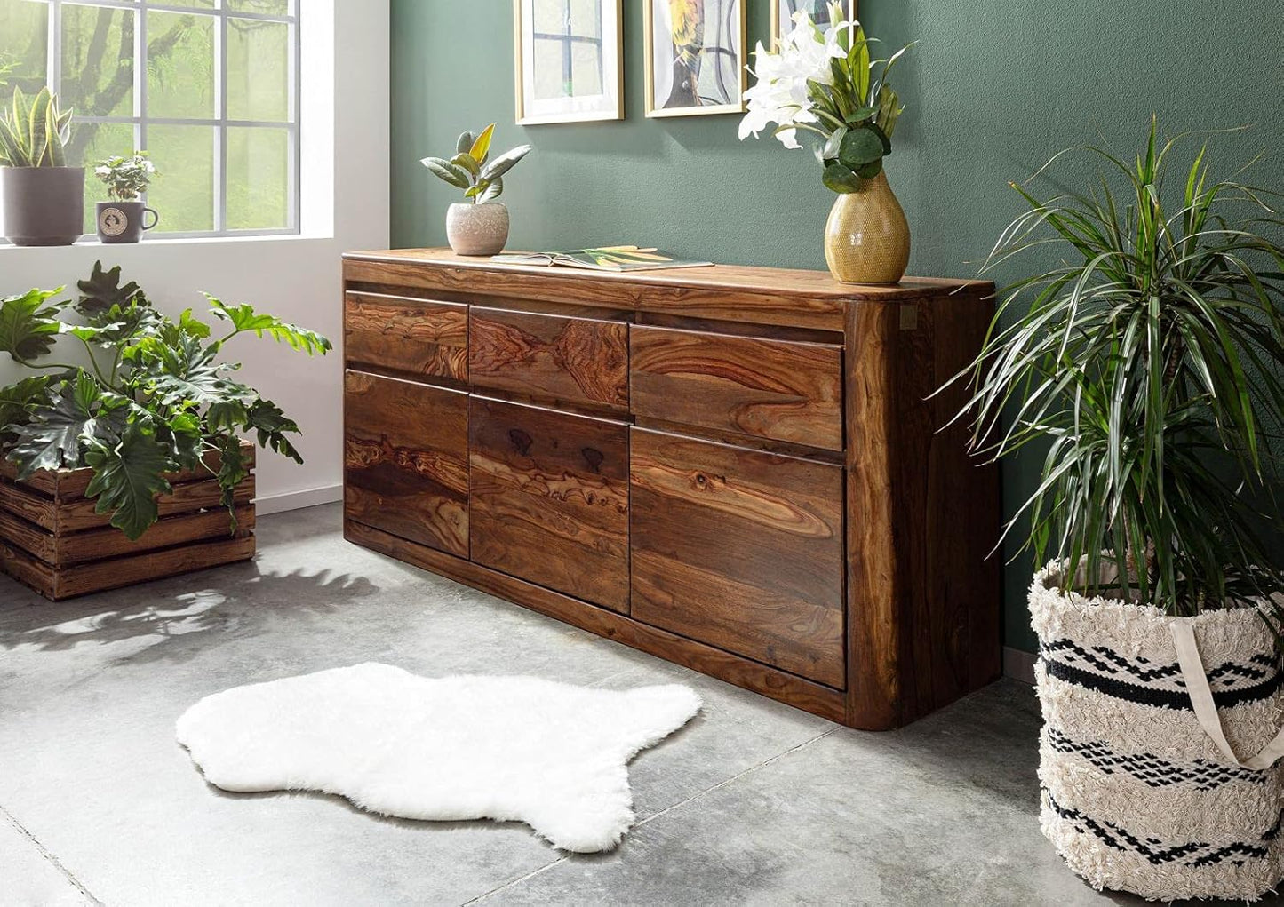 Segure Solid Wood Sheesham Wood 3 Door Sideboard In Natural Finish For Living Room Furniture