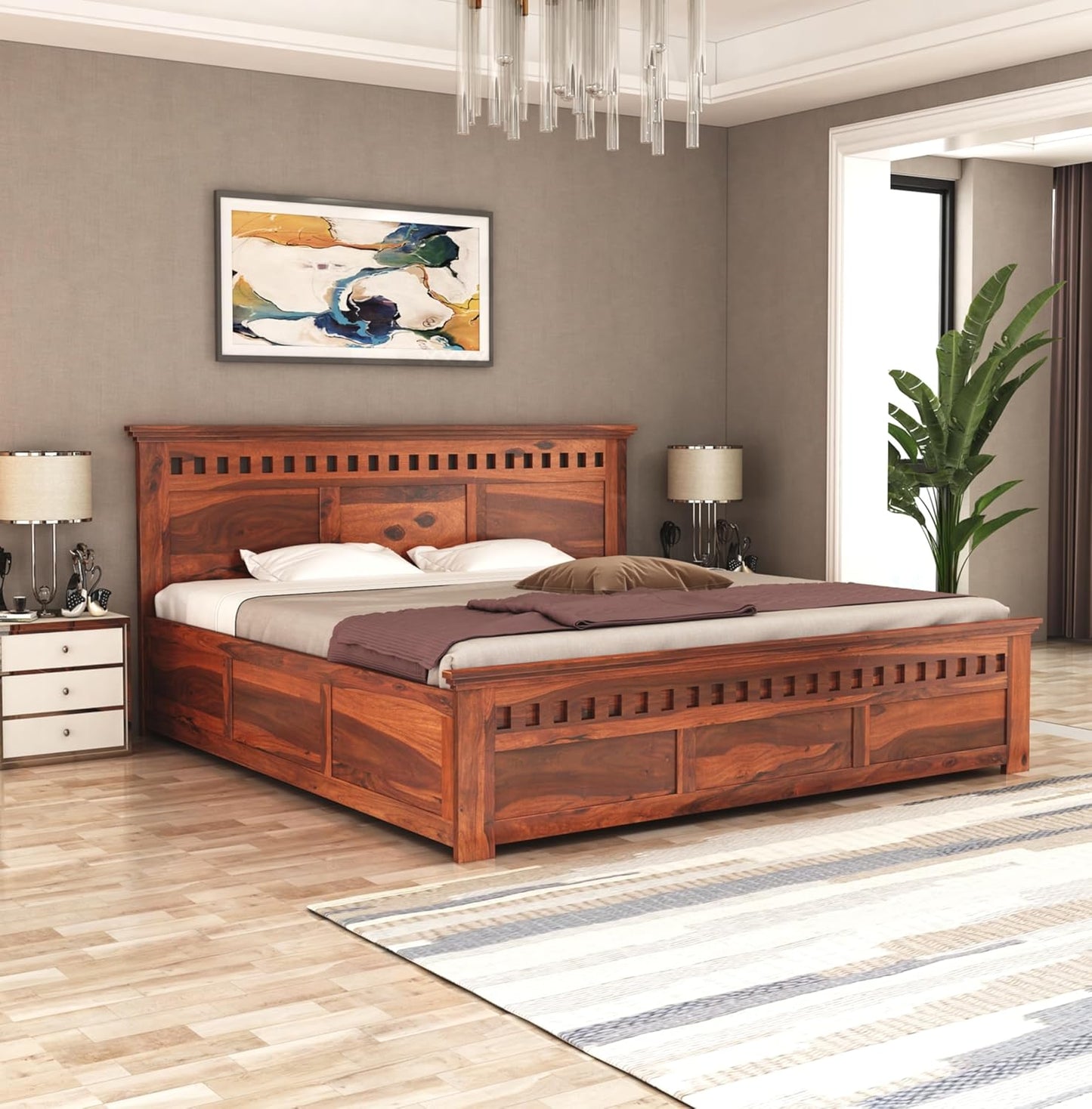 Sheesham Solid wood King Size Box Storage Bed In Honey Oak Finish