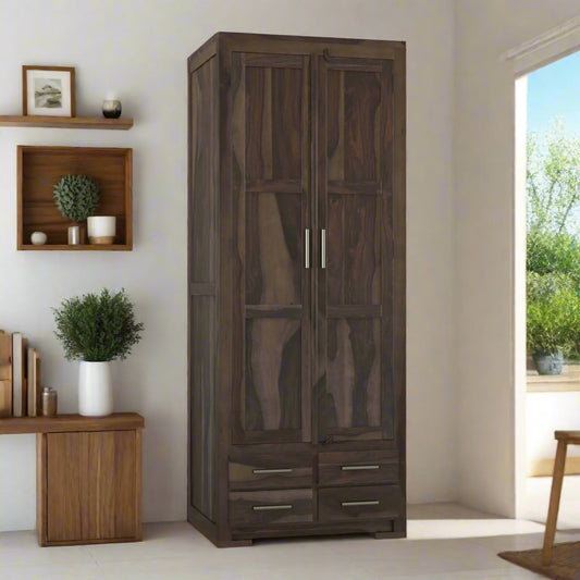 Royal Palace Wardrobe Solid Sheesham Wood Two Door With Four Drawers  In Walnut Finish For Bedroom Furniture