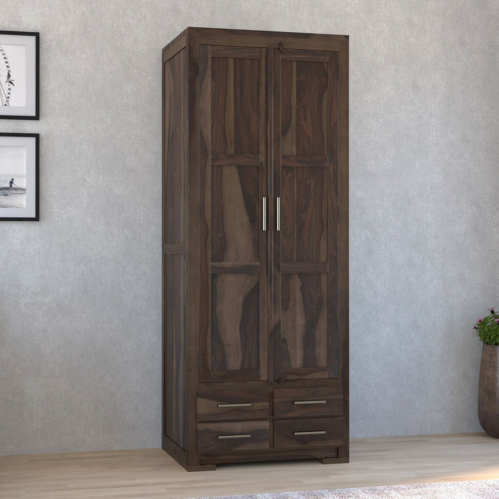 Royal Palace Wardrobe Solid Sheesham Wood Two Door With Four Drawers  In Walnut Finish For Bedroom Furniture