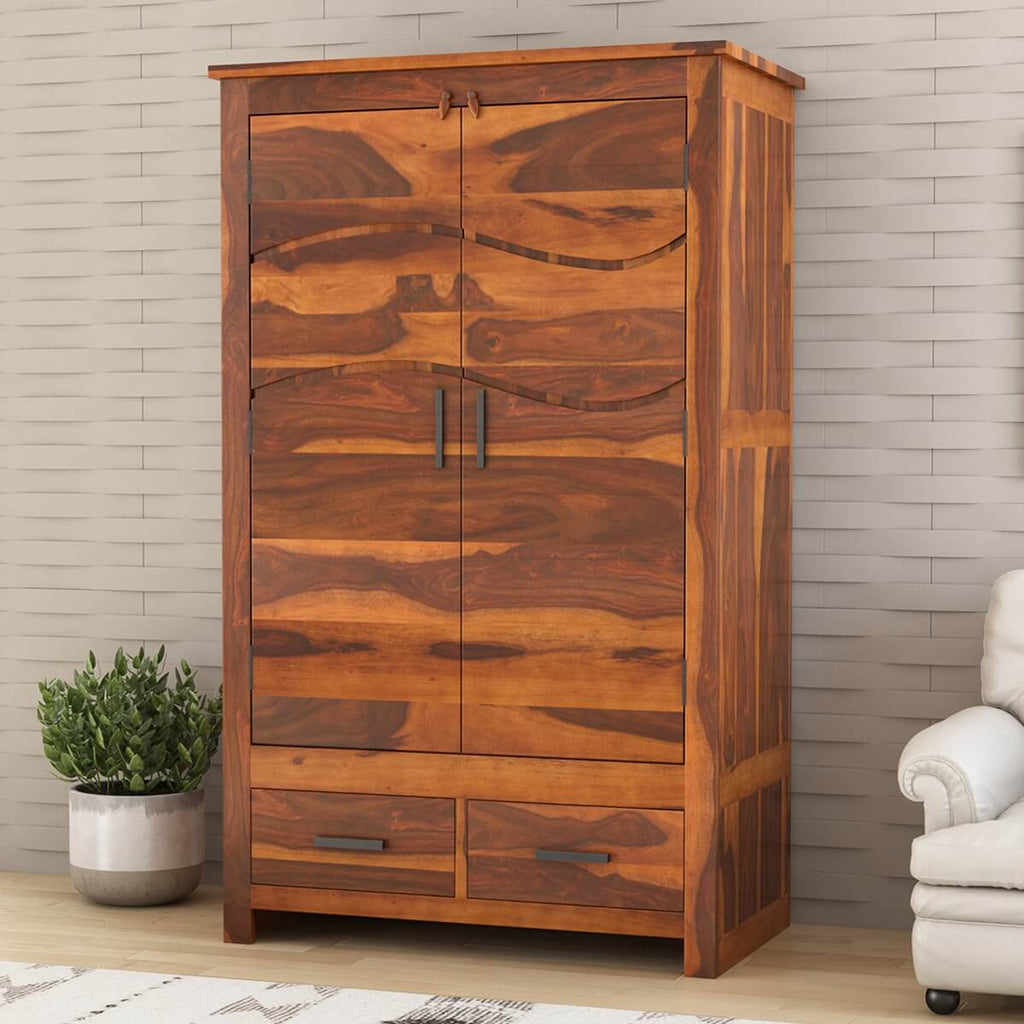 Royal Palace Wardrobe Solid Sheesham Wood Two Door With Two Drawers In Natural Finish For Bedroom Furniture