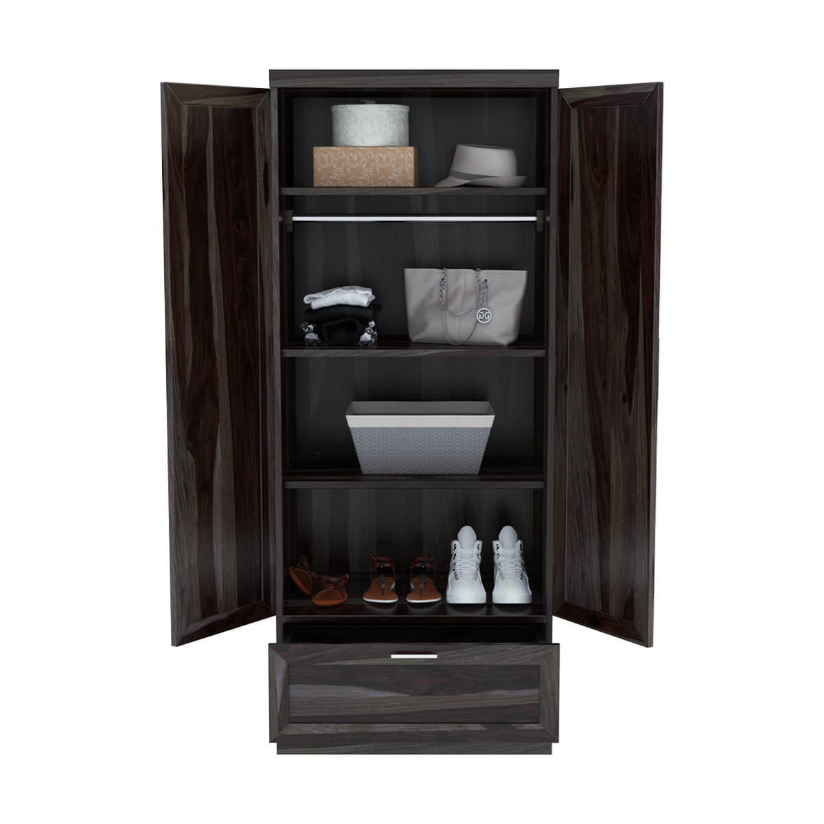 Royal Palace Wardrobe Solid Sheesham Wood Two Door With One Drawers  In Walnut Finish For Bedroom Furniture