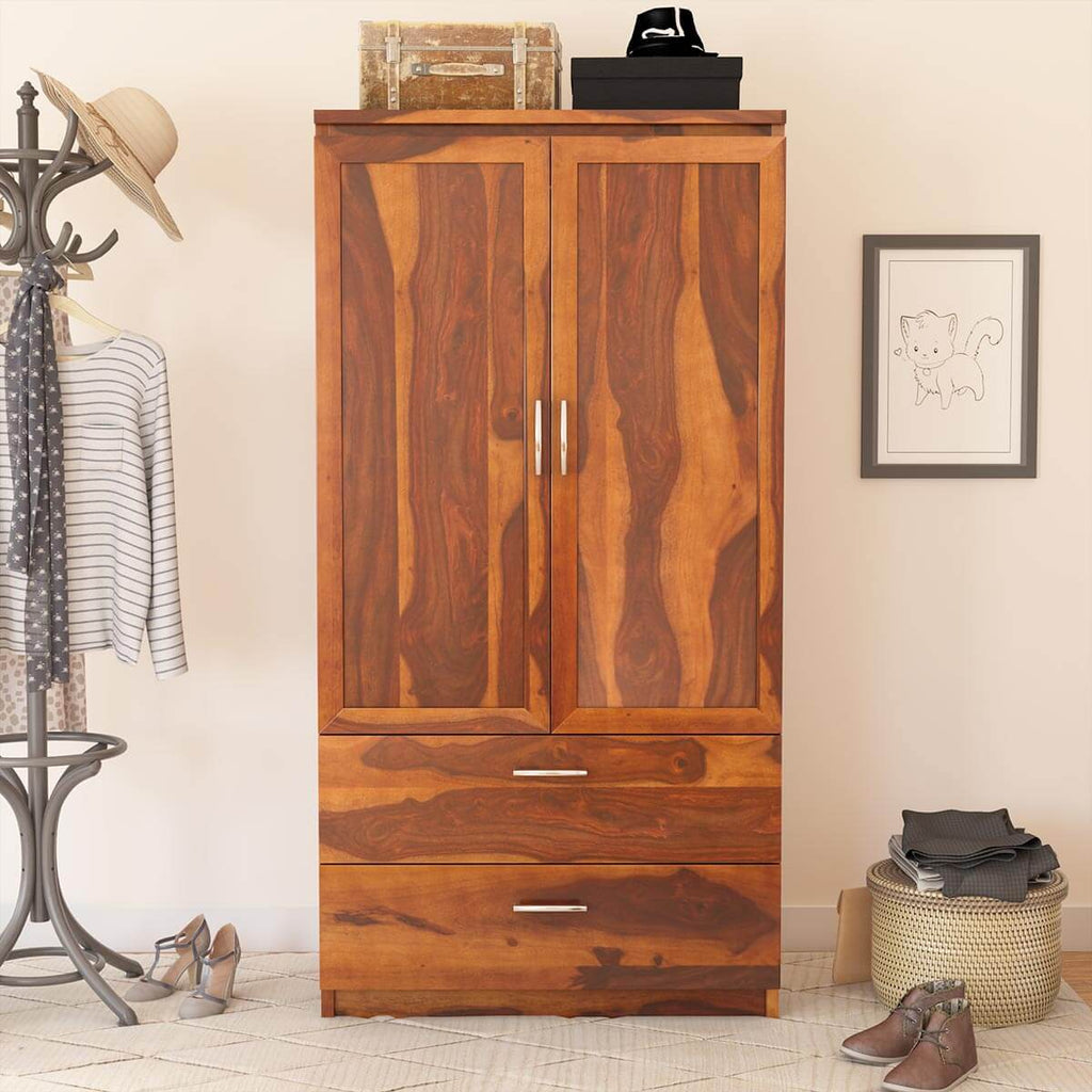 Royal Palace Wardrobe Solid Sheesham Wood Two Door With Two Drawers In Natural Finish For Bedroom Furniture