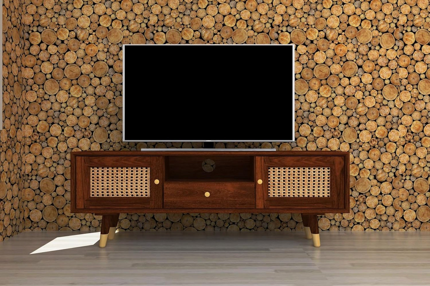 DEMIWALL Rattan Solid Wood Tv Unit with Cane Design in Brown Teak Finish