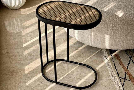 Charcoal Rattan Cane Side Table With Top cane iron sofa side end two tier table office and living room