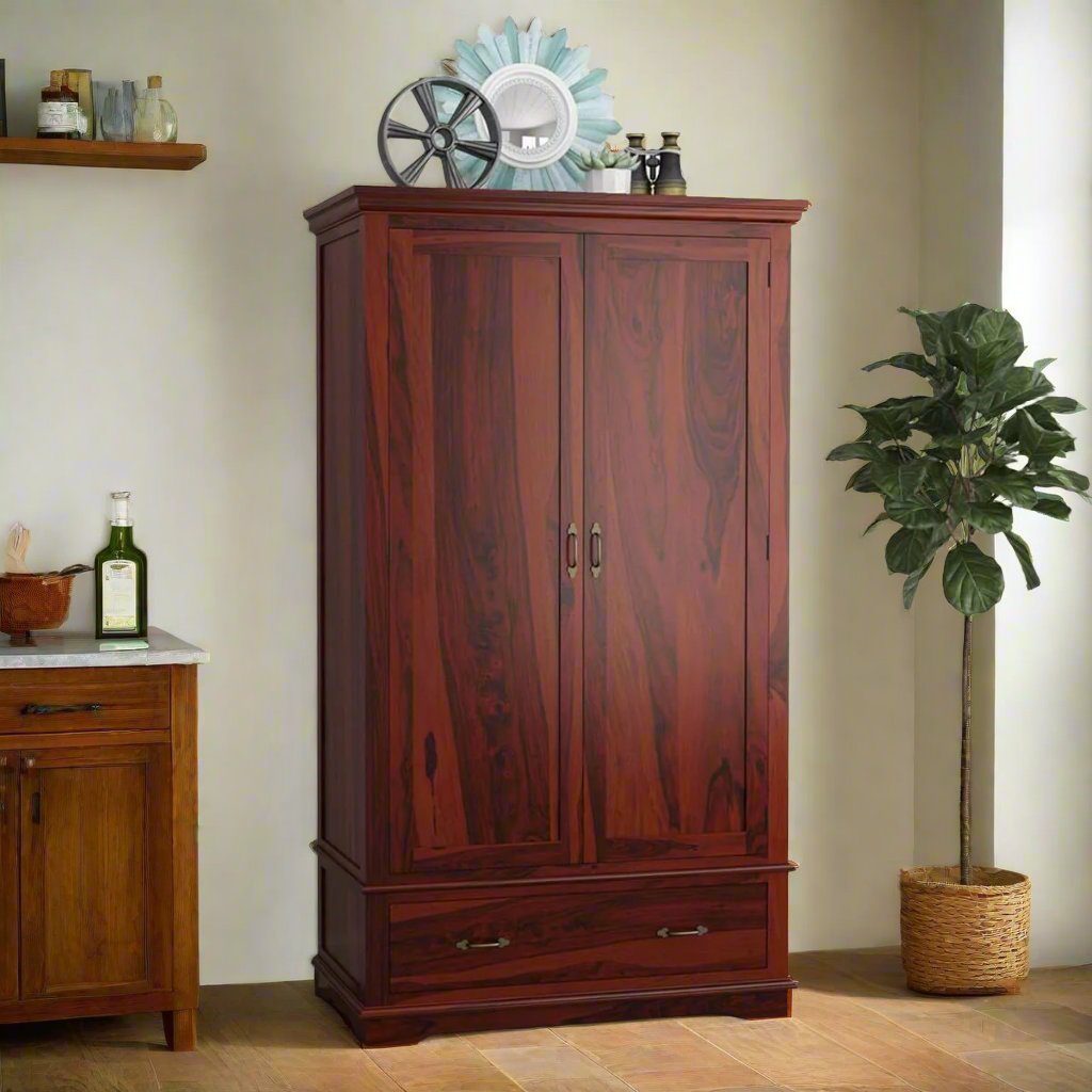 Royal Palace Wardrobe Solid Sheesham Wood Two Door With One Drawers In Honey Oak Finish For Bedroom Furniture