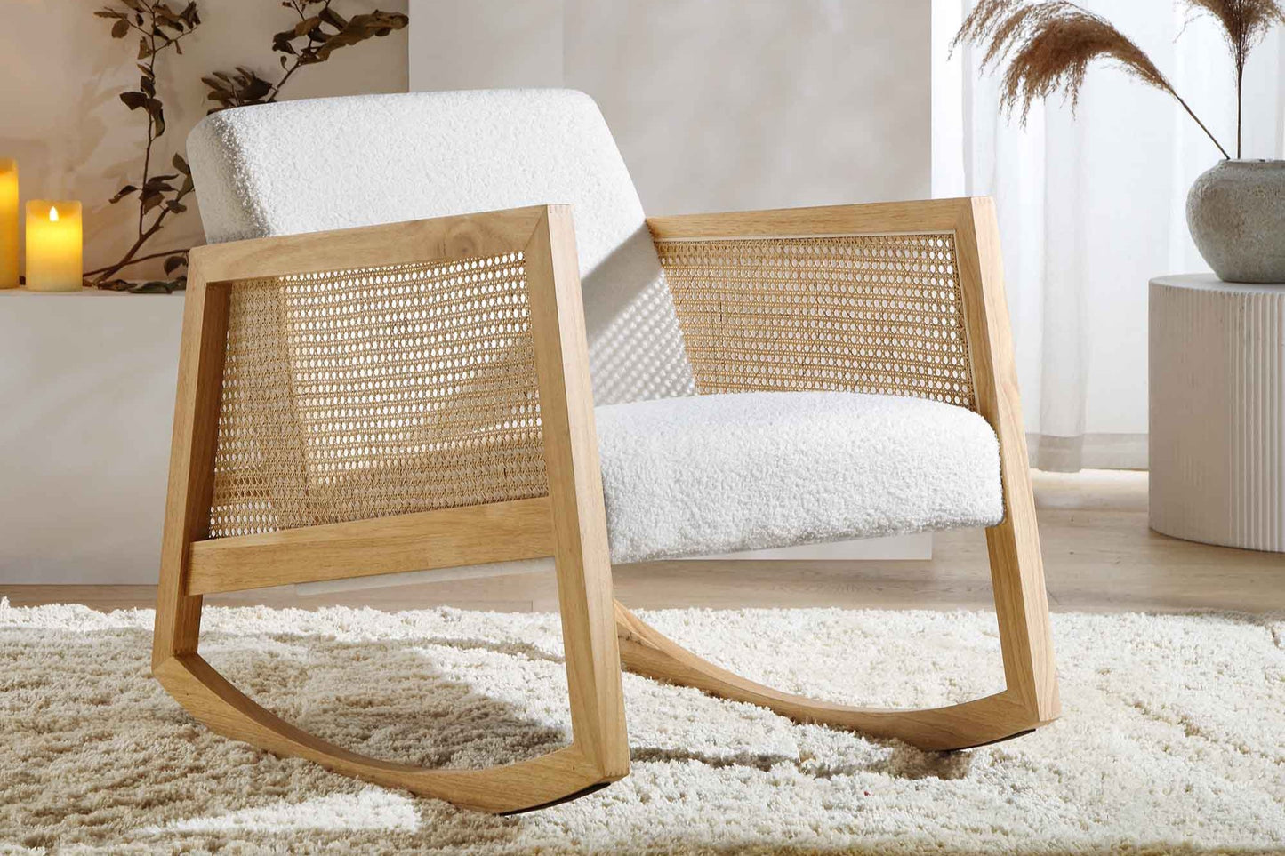 Roman Wooden Rattan Arm Chair Teak Wood Armchair for Living Room Bedroom ( White ) Mid-Century Modern Velvet Accent Chair