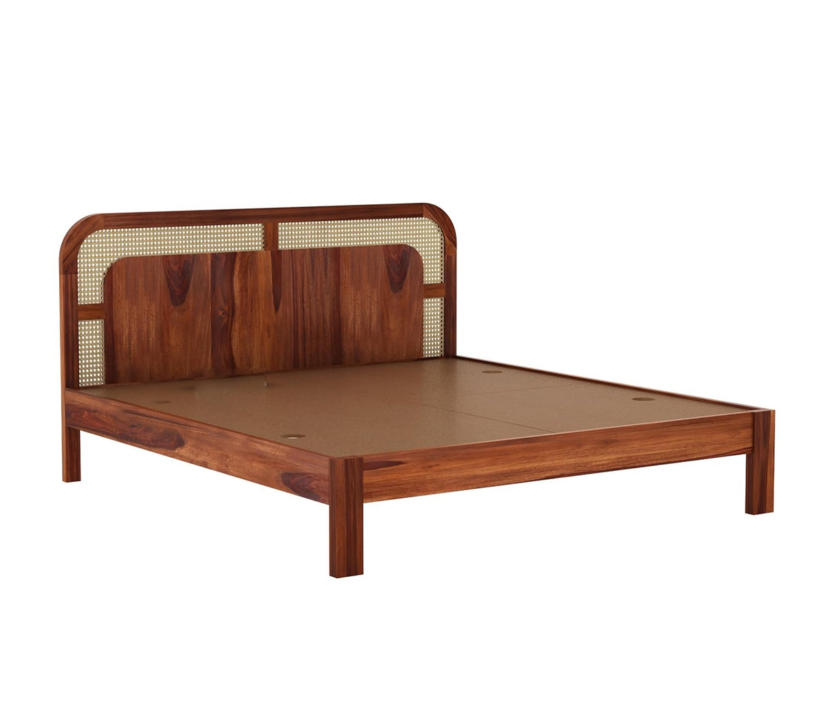 A king-size Sheesham wood bed with a rattan cane design headboard and neutral teak finish.