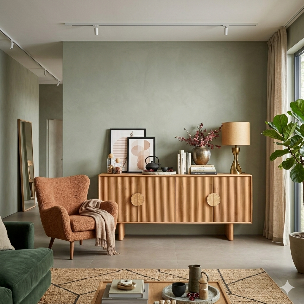 Modern living room with wooden cabinet, armchair, and decor items.