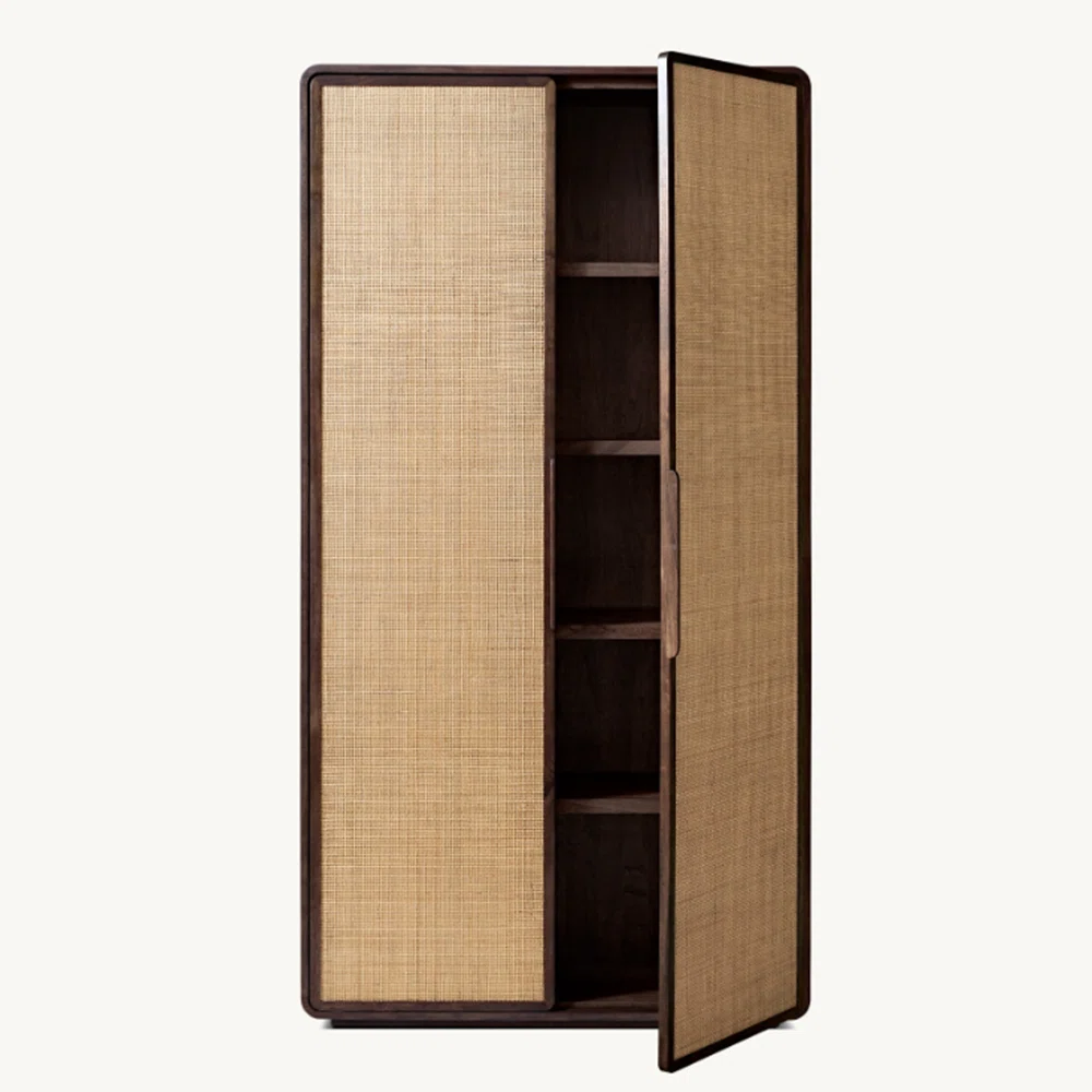 Solid Mango Wood Almirah | Two Door Wardrobe Cane Design In black Finish