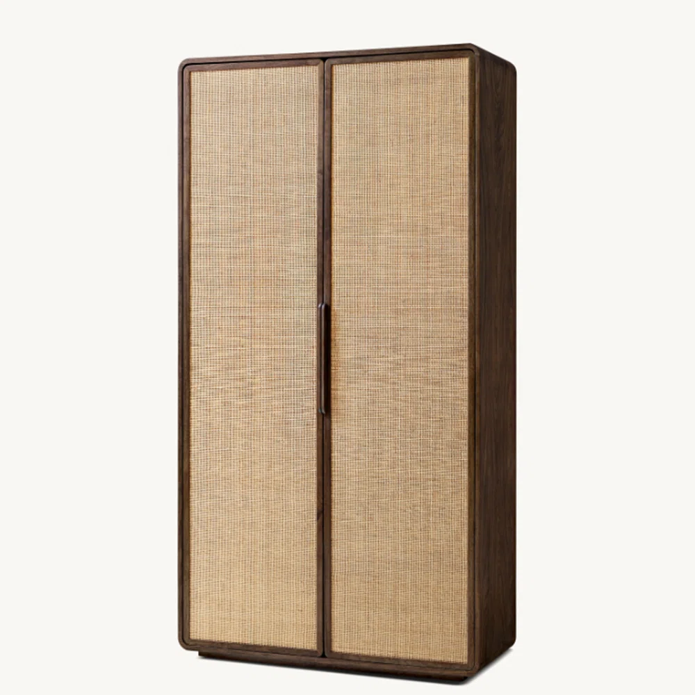Solid Mango Wood Almirah | Two Door Wardrobe Cane Design In black Finish