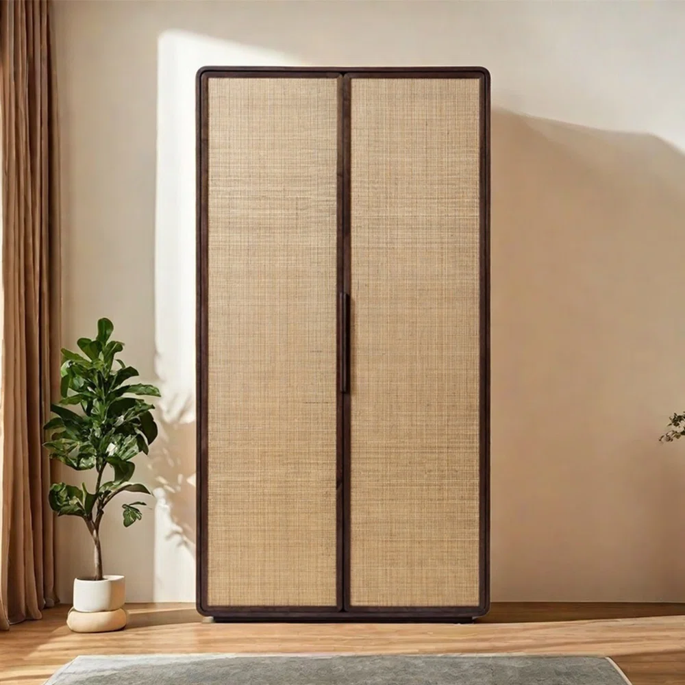 Solid Mango Wood Almirah | Two Door Wardrobe Cane Design In black Finish