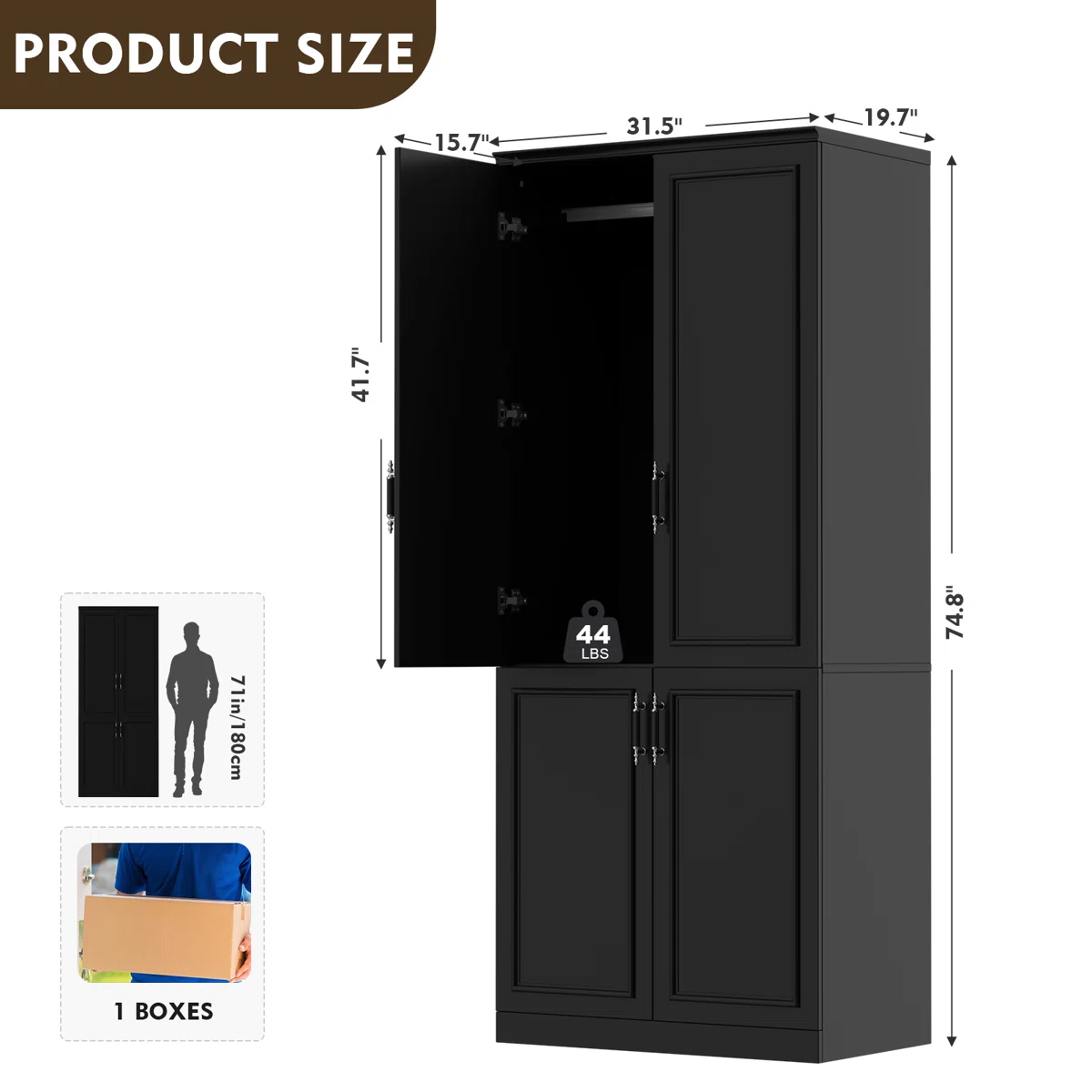 Solid Mango Wood Almirah | 4 Door with Wardrobe In black Finish