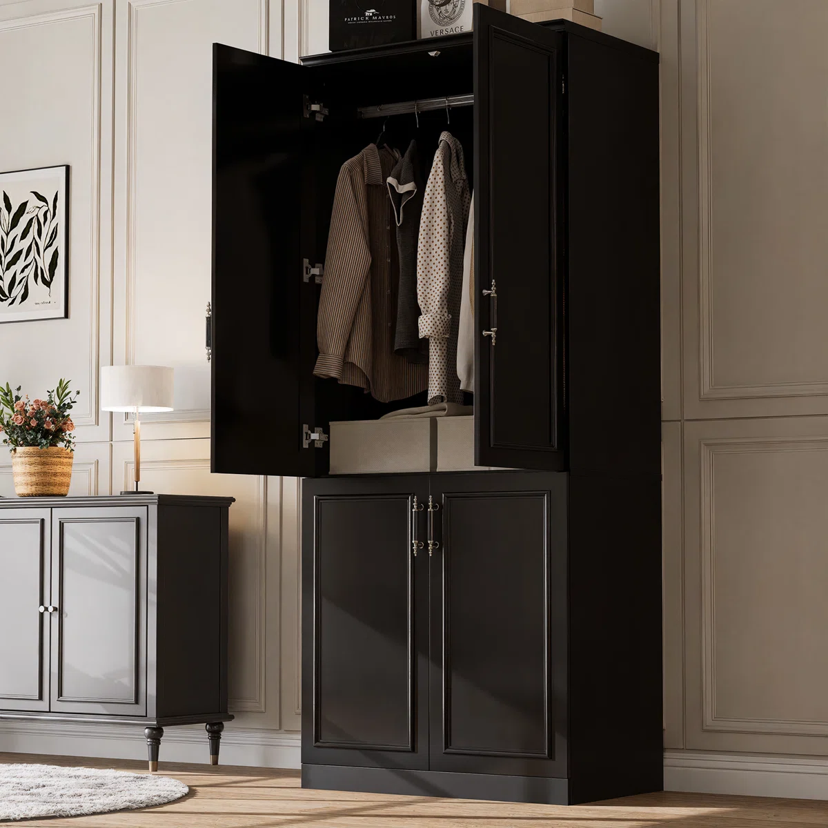 Solid Mango Wood Almirah | 4 Door with Wardrobe In black Finish