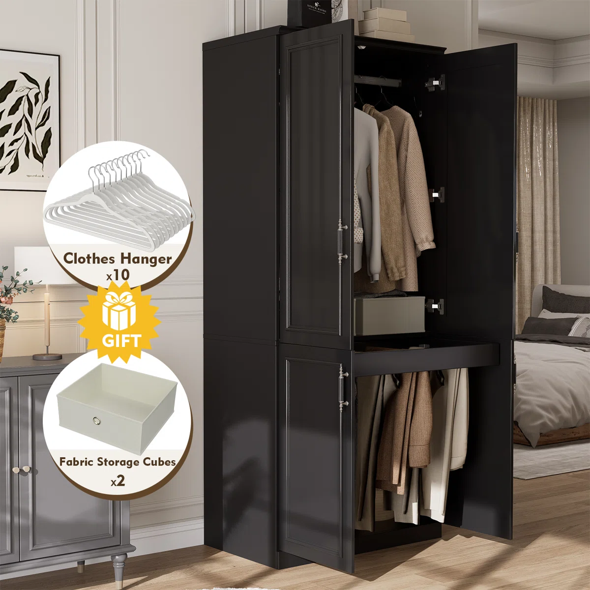 Solid Mango Wood Almirah | 4 Door with Wardrobe In black Finish