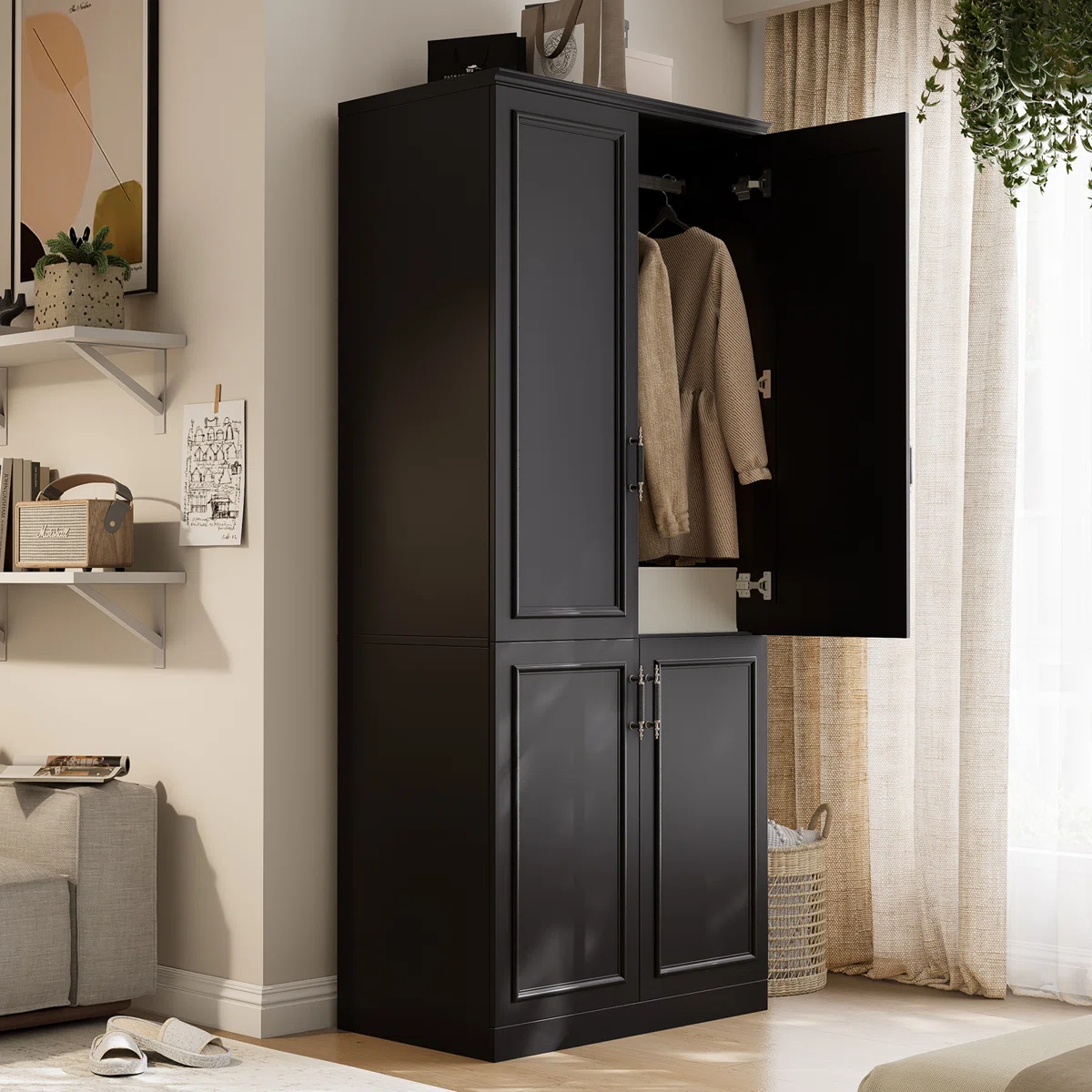 Solid Mango Wood Almirah | 4 Door with Wardrobe In black Finish