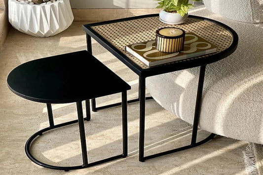 Charcoal Rattan Cane Side Table With Glass Top and Shelf – bohemian solid mango wood cane iron sofa side end two tier table office and living room