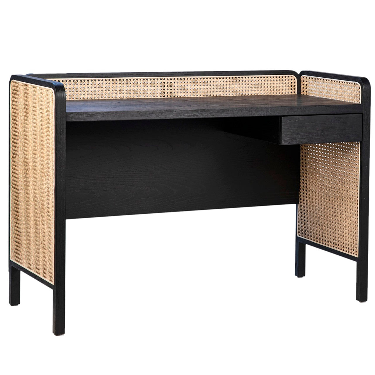 Solid Wood with woven cane Design Desk In Black Finish