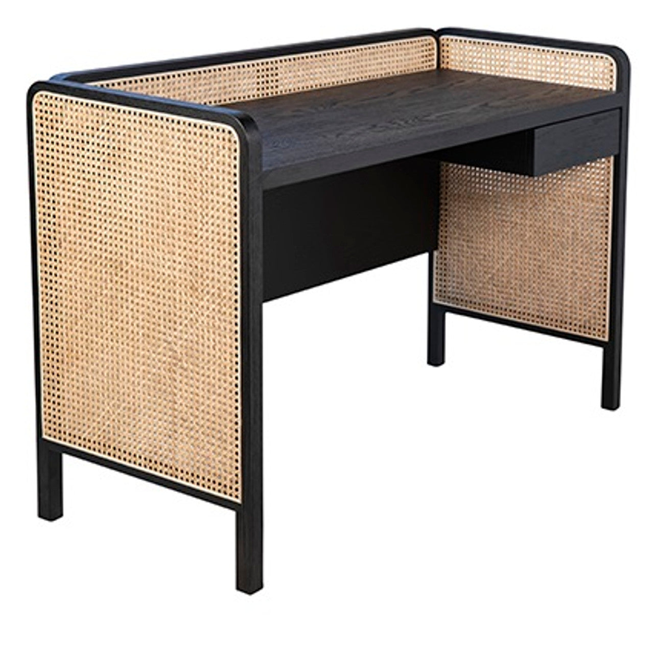 Solid Wood with woven cane Design Desk In Black Finish