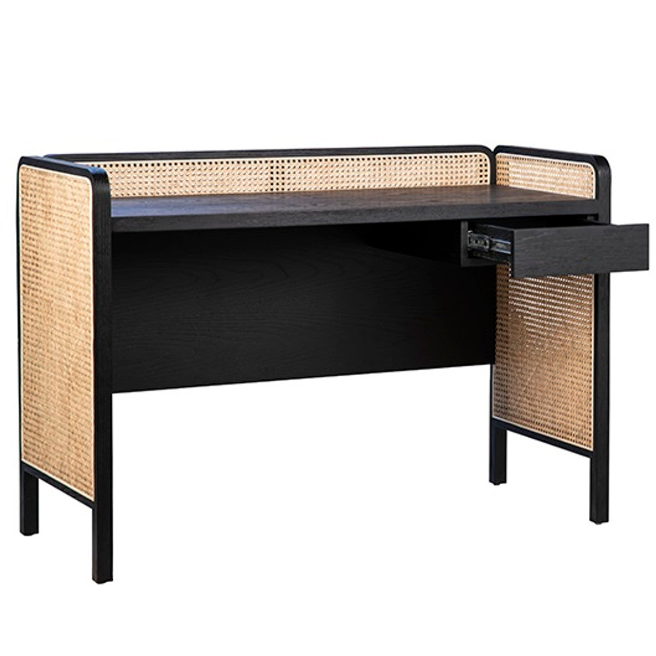 Solid Wood with woven cane Design Desk In Black Finish