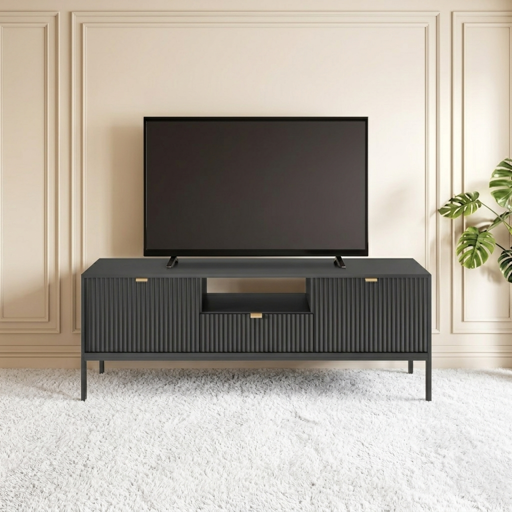 Liv Mango Wood 3 Drawers With Open Self Matt Black TV-Unit For Living Room New Desi Demiwall