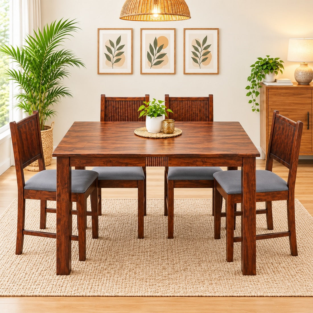 Demiwall Solid Mango Wood 4 Seater Dining Set With Upholstery In tubbeco Finish - Sierra Collection