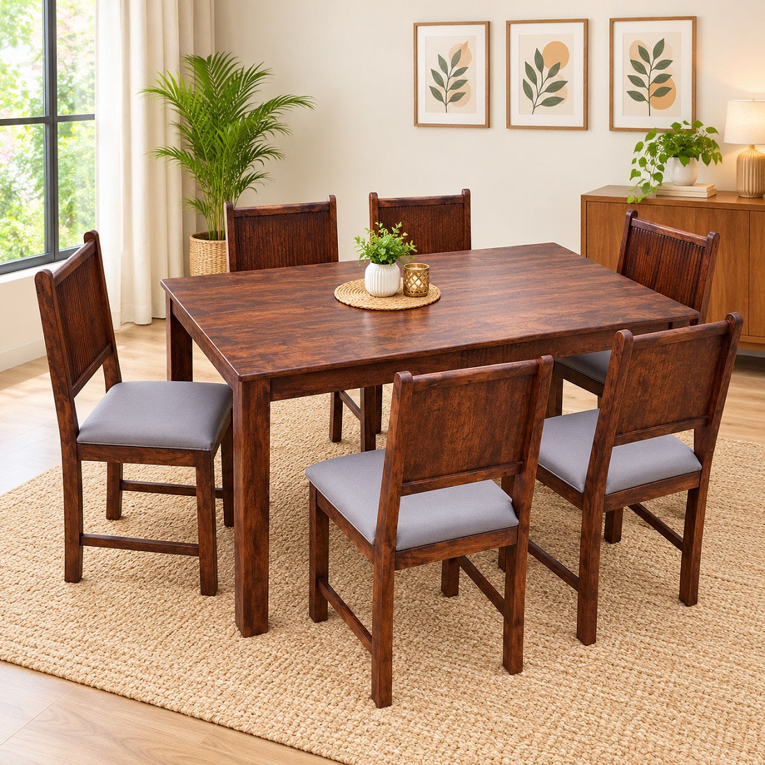 Demiwall Solid Mango Wood Six Seater Dining Set With Upholstery Tubbeco Finish - Sierra Collection