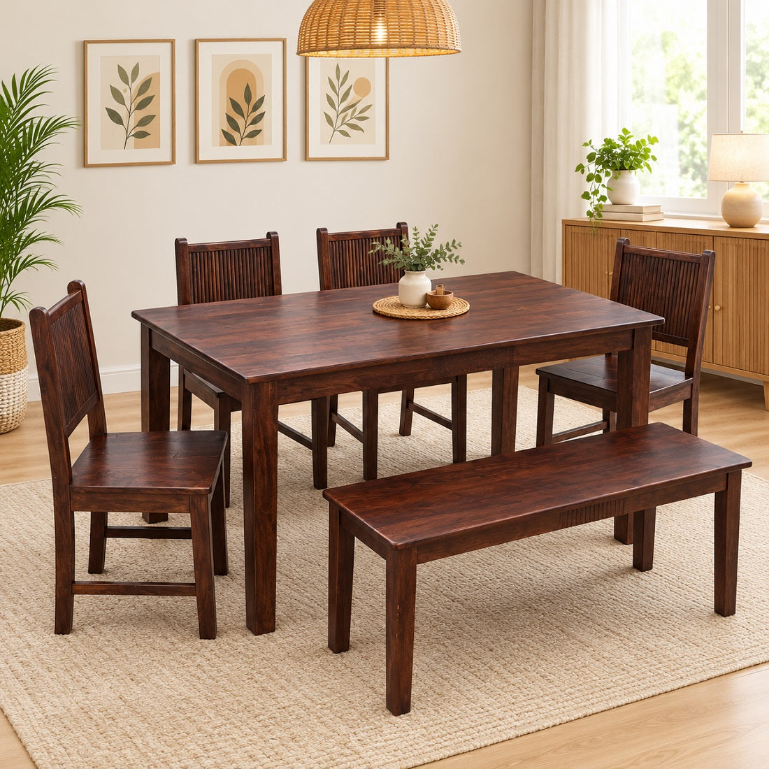 Demiwall Solid Mango Wood Six Seater Dining Set With Bench In tubbeco Finish - Sierra Collection