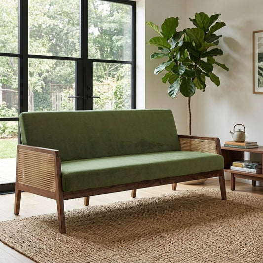 Roman Wooden Rattan 3 Seater Sofa Teak Wood Sofa for Living Room Bedroom (Dark Walnut) Mid-Century Modern Velvet sofa