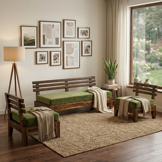 Kia Sheesham Wood 5 seater Sofa set In Provincial Teak In Living Room