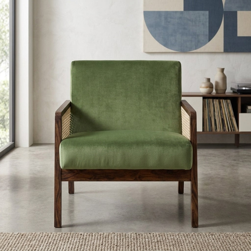 Roman Wooden Rattan Arm Chair Teak Wood Armchair for Living Room Bedroom (Dark Walnut) Mid-Century Modern Velvet Accent Chair