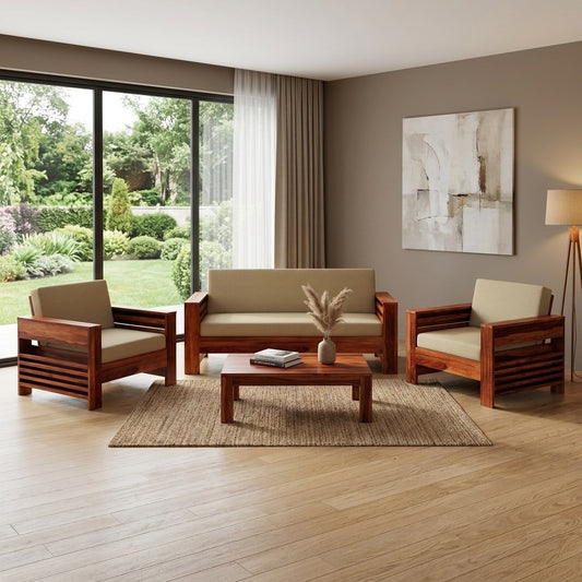 Wooden Sofa Set for Living Room and Office 5 Seater Natural Teak Finish