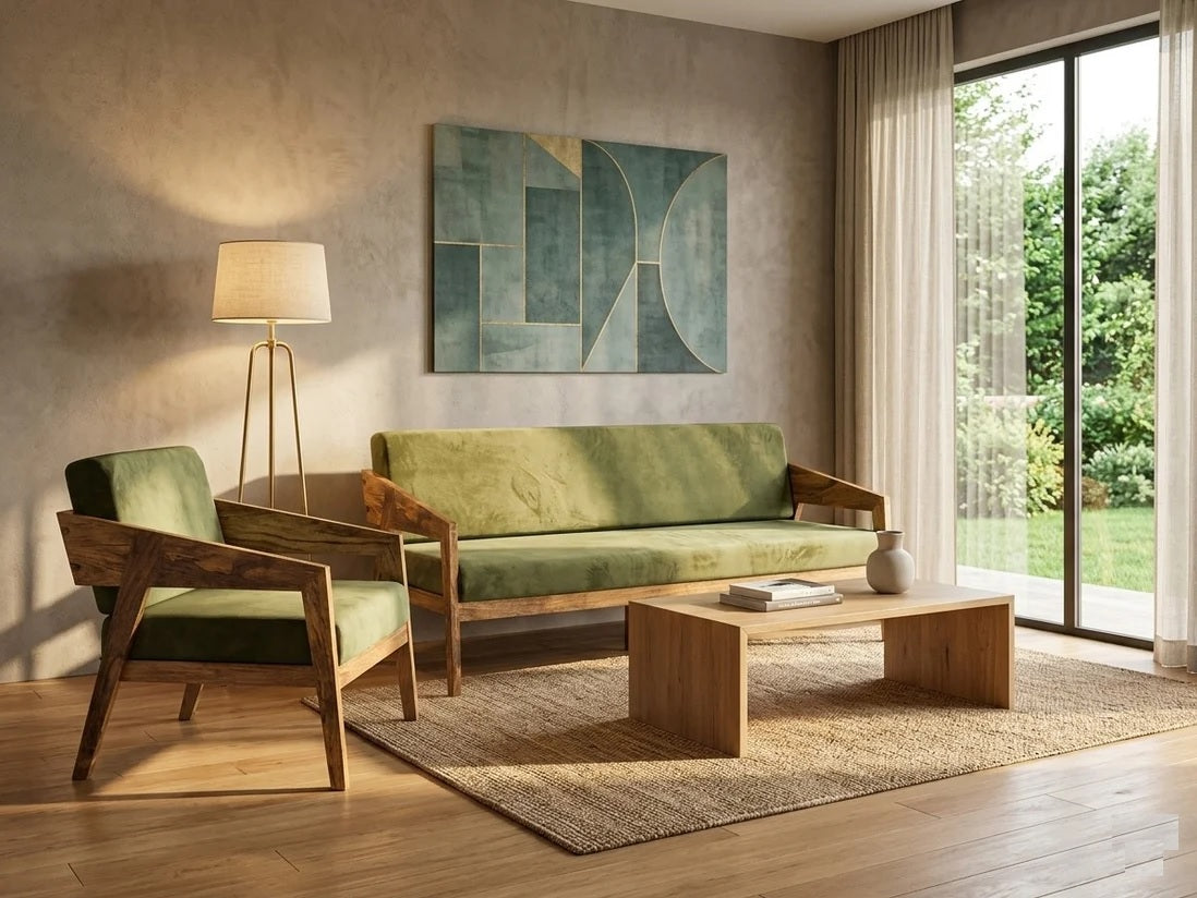 Demiwall Mango Solid Wood 5 Seater Sofa Set In Natural Finish