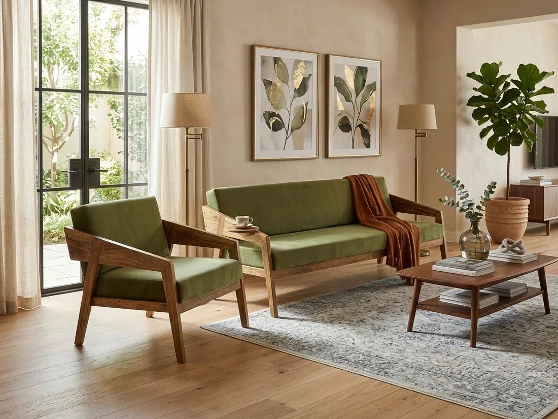 Demiwall Mango Solid Wood 5 Seater Sofa Set In Natural Finish