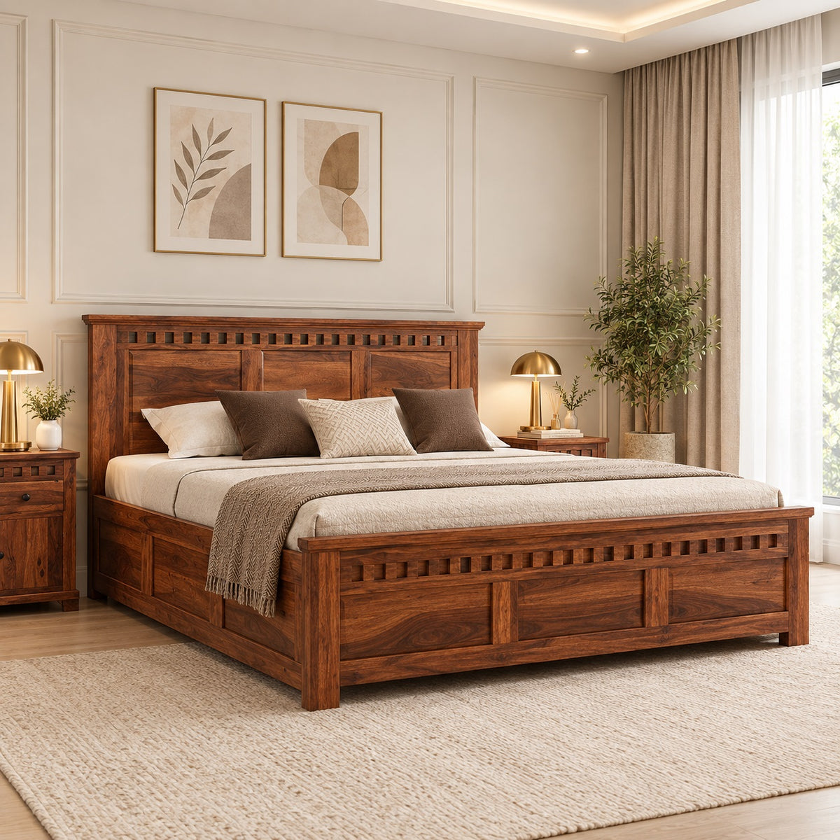 Sheesham Solid wood King Size Box Storage Bed In Neutral Teak Finish