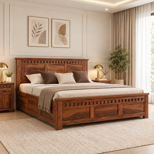 Sheesham Solid wood King Size Box Storage Bed In Neutral Teak Finish