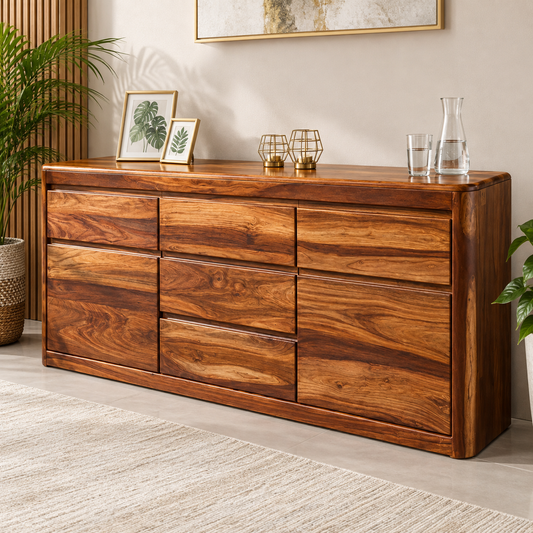A six-drawer wooden dresser with a rich brown wood grain finish, styled in a modern living room setting with decorative frames, gold geometric objects, and a glass carafe on top.